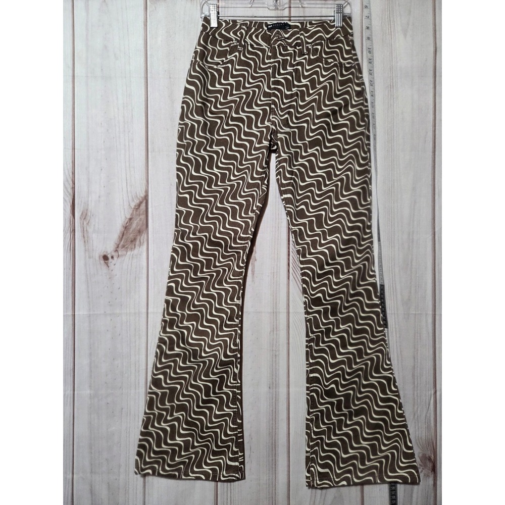 ASOS DESIGN Brown White Wavy Psychedelic Print Flare Pants Womens Size 4 Retro